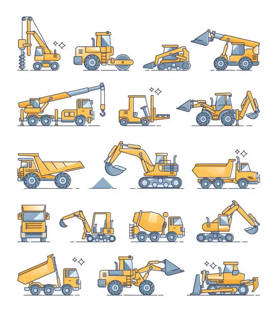 Vector illustration of Construction machines and heavy machinery examples outline collection set