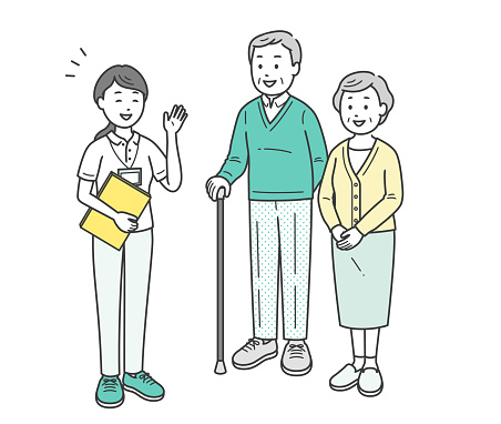 Illustration of an elderly man and woman couple receiving explanations from a care manager