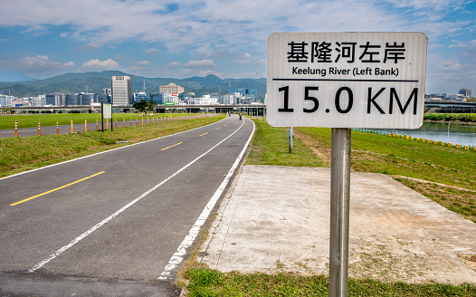 Sign on a pedestrian path along the Keelung River in Taiwan