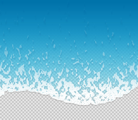 Realistic sea waves with foam stripes near the shore. Top view vector illustration on transparent background. Global colors