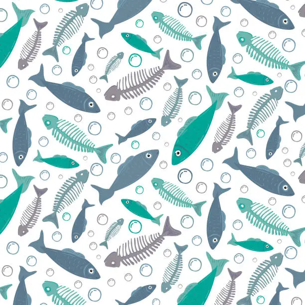 Vector illustration of Fish and Skeletons of floating fish with bubbles at the bottom. Vector Seamless pattern in graphic style.