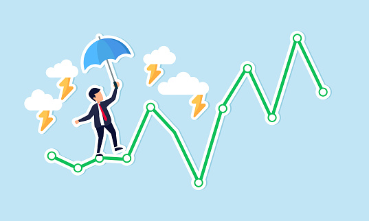 Risk and uncertainty in investment market volatility, crypto fluctuations, requiring an all weather strategy concept, businessman acrobat planning to walk on risky investment graph.