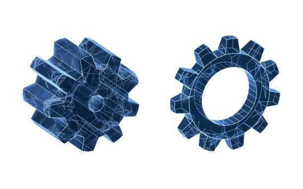 Meshing mechanical gears, metallic parts, 3d rendering. 3D illustration.
