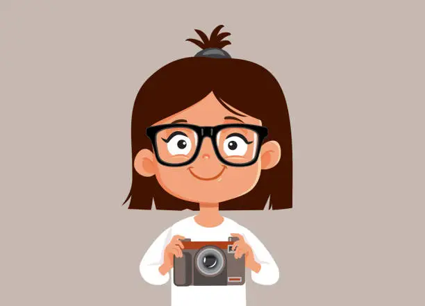 Vector illustration of Happy Little Girl Holding a Vintage Camera Vector Character