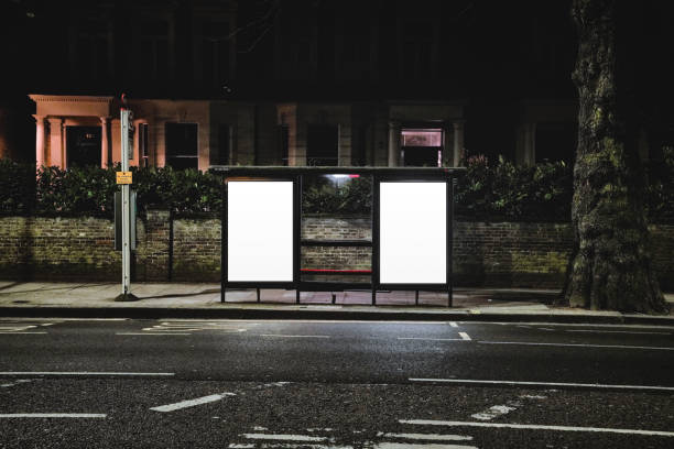 Copy Space, Bus Stop, Billboard, Illuminated Bus Station, Street Luminous Advertising Lightbox, Advertisement In London, England, United Kingdom, Britain, Street View, Urban Environment, Road, City, Residential Buildings, Holland Park Avenue, Night
