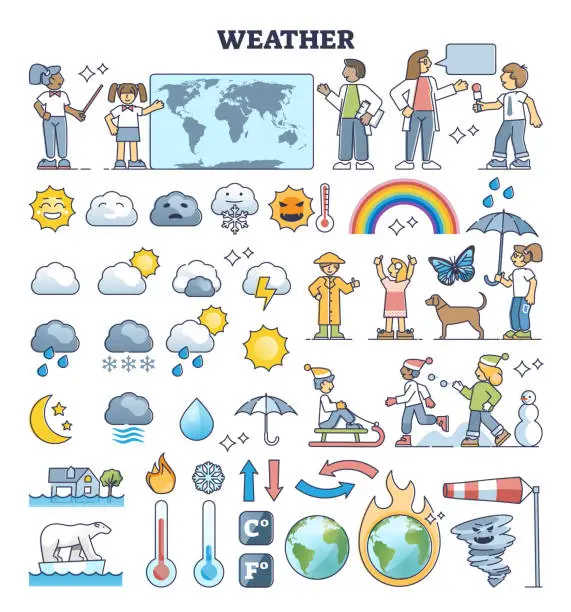 Vector illustration of Weather reporter elements for kids meteorology in outline collection set