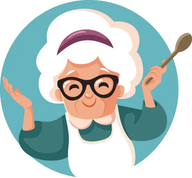 Vector illustration of Vector Granny Cooking Holding a Wooden Spoon Vector Mascot