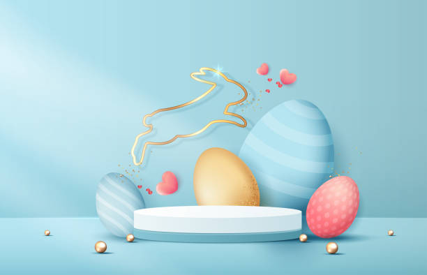 istock Happy Easter blue background and podium display for product presentation branding and packaging presentation. studio stage with eggs and rabbit background. vector design. 2077027491