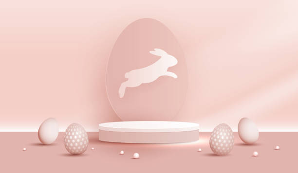 istock Happy Easter pink background and paper art podium display for product presentation branding and packaging presentation. studio stage with eggs and rabbit background. vector design. 2077032661