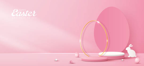 istock Happy Easter pink background and podium display for product presentation branding and packaging presentation. studio stage with eggs and rabbit background. vector design. 2077034706
