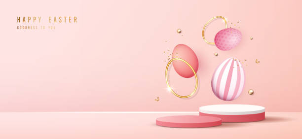 istock Happy Easter pink background and podium display for product presentation branding and packaging presentation. studio stage with eggs and rabbit background. vector design. 2077036246