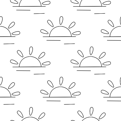 Sunny weather. Summer seamless pattern. Warm bright background. Sun rays and clouds. Hand drawn vector illustration. wallpaper print ornament fabric paper fashion line doodle coloring