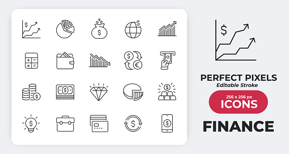 Finance simple minimal thin line icons. Related accounting, bank, payment, economy. Editable stroke. Vector illustration.