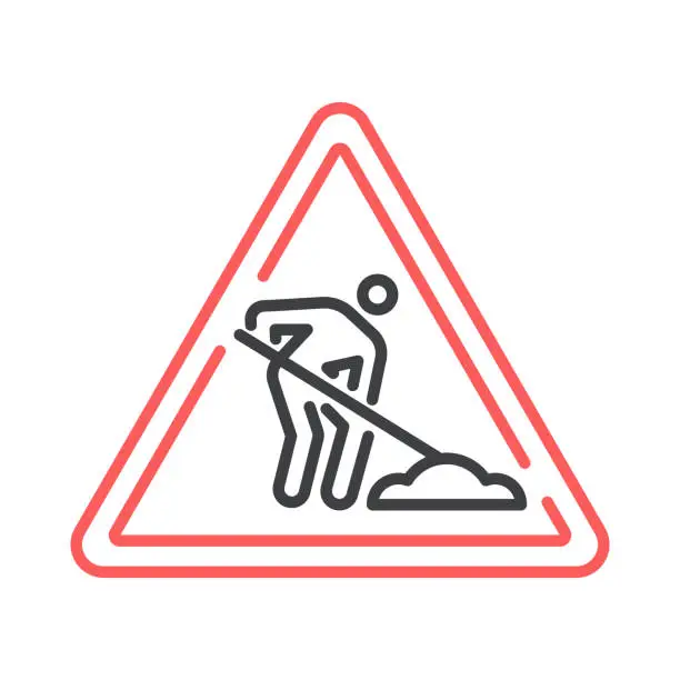 Vector illustration of roadwork symbol icon with man and shovel in red triangle, vector thin line illustration for under maintenance, construction, website alert, road work