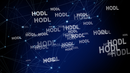 Bitcoin hodl text and connected lines hold strategy for cryptocurrency investment in crypto market