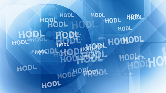 Crypto currency hodl text and world globe long term hold strategy to increase assets in crypto market