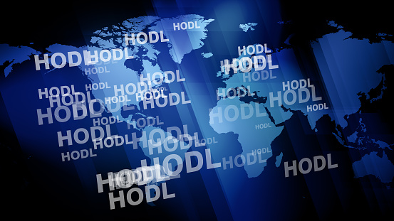 Crypto currency hodl text and world map illustrate global success of holding strategy in crypto market