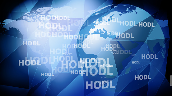 Crypto currency hodl text and world map illustrate global success of holding strategy in crypto market