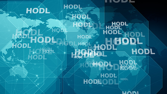 Hodl crypto assets on world map holding strategy for long term financial investment and growth