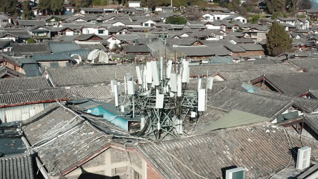 Aerial view of 5G communication antenna on the roof in Lijiang Old Town,Yunnan,China.