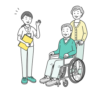Illustration of an elderly man and woman couple in wheelchairs receiving explanations from a care manager