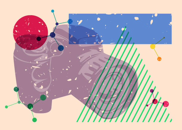 istock Risograph Camera, Photographic Equipment with geometric shapes. Objects in trendy riso graph print texture style design with geometry elements. 2077119353