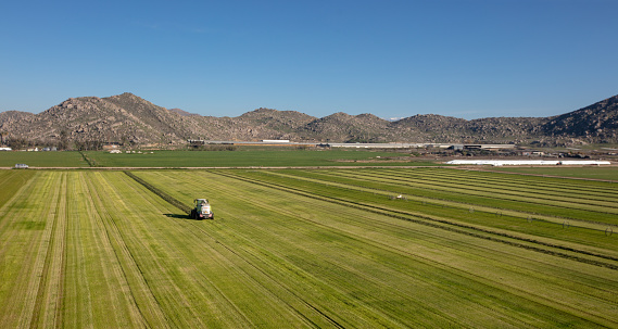 Harvested alfalfa field seen from aerial viewpoint in Menifee southern California United States