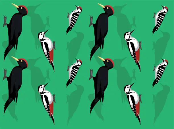 Vector illustration of Bird Black Spotted Woodpecker Cute Seamless Wallpaper Background