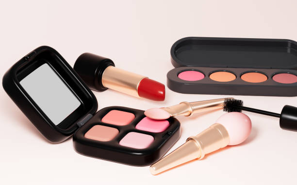 istock Eyeshadow, mascara cream, lipstick, pressed powder, cheek color, cosmetics tools, 3d rendering. 2077145201
