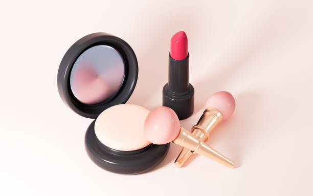 istock Pressed powder, cosmetic brush, lipstick and so on makeup tools, 3d rendering. 2077145202