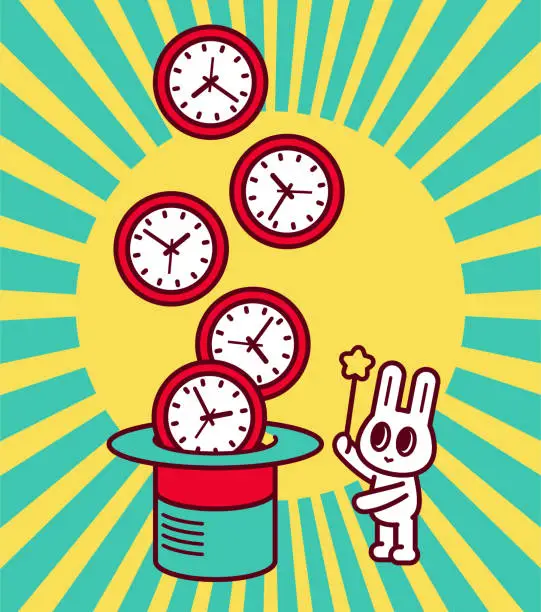 Vector illustration of A cute bunny is waving a magic wand, and many clocks are popping out of a big magic hat