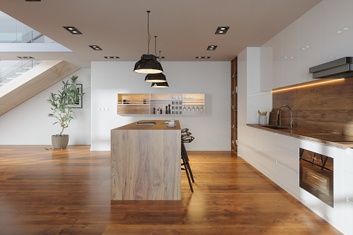 Modern Kitchen Interior With White Cabinets, Wood Kitchen Island, Pendant Lights And Parquet Floor