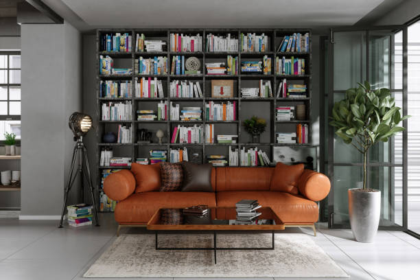 istock Modern Room Interior With Bookshelf, Leather Sofa, Coffee Table And Houseplant 2077180760