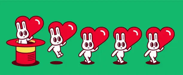 Vector illustration of A group of cute rabbits, each carrying a Big Love Heart, kept popping out of a magic hat and walking in a straight line