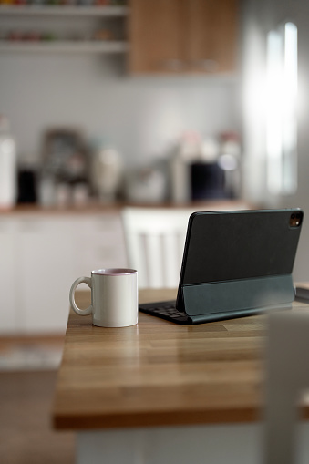 Creative work space, work from home, mockup digital tablet on wooden table.