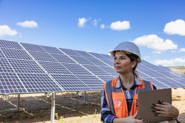 istock Portrait of electricity engineer working in solar panels electrical substation 2077203974
