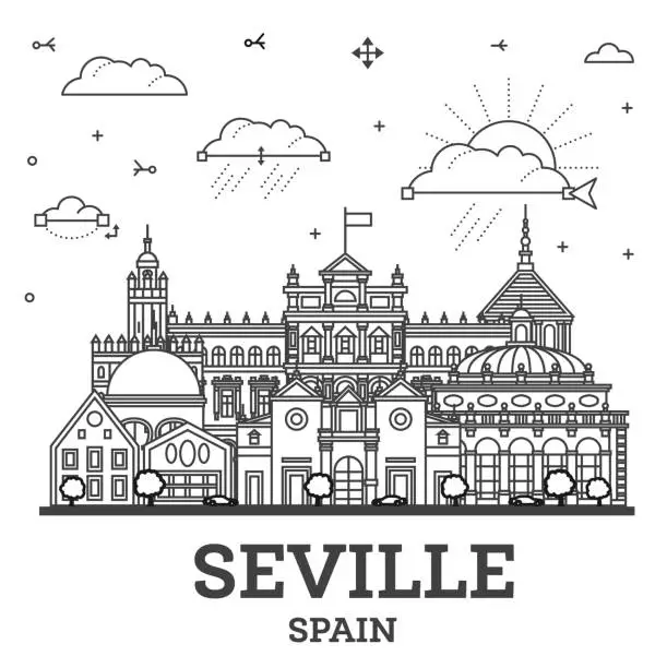 Vector illustration of Outline Seville Spain City Skyline with Historic Buildings Isolated on White. Illustration. Seville Cityscape with Landmarks.