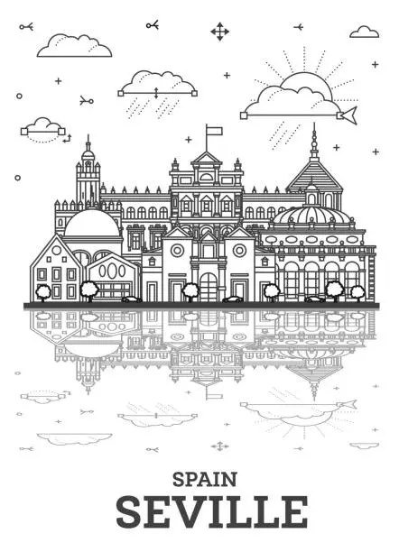 Vector illustration of Outline Seville Spain City Skyline with Historic Buildings and reflections Isolated on White. Illustration. Seville Cityscape with Landmarks.