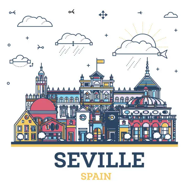 Vector illustration of Outline Seville Spain City Skyline with colored Historic Buildings Isolated on White. Illustration. Seville Cityscape with Landmarks.