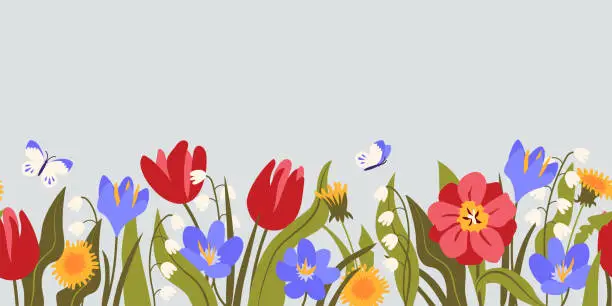 Vector illustration of Horizontal seamless border with colorful blooming spring flowers and leaves: tulips, lily of the valley, dandelion, crocus.