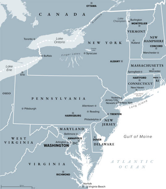 Mid-Atlantic region of the United States, gray political map Mid-Atlantic region of the United States, gray political map. The overlap between the Northeastern and Southeastern states, including Delaware, D.C., Maryland, New Jersey, New York and Pennsylvania. maryland state colors stock illustrations