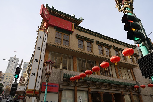 12-13-2023: San Francisco,California., USA: Chinatown decorated during holiday season, Christmas and New Year