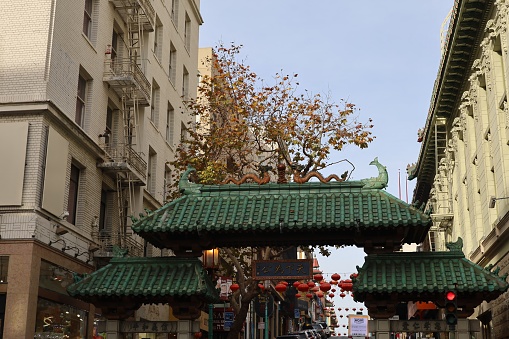 12-13-2023: San Francisco,California., USA: Dragon gate in Chinatown, decorated during holiday season, Christmas and New Year