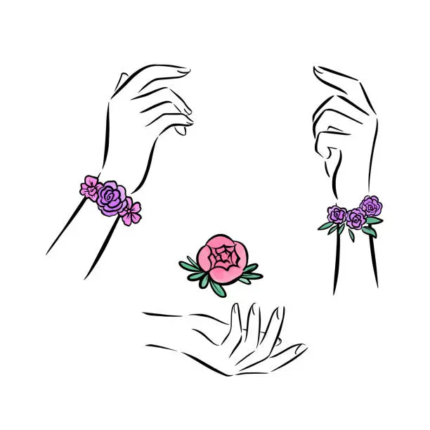 Vector illustration of Set of vector line hands with flower bracelets isolated on white background.