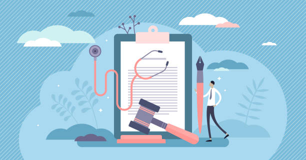 Malpractice vector illustration. Professional negligence tiny person concept Malpractice vector illustration. Professional medical negligence flat tiny person concept. Healthcare incompetence consequences legal letter. Doctor failure law claim with agreement and contract scene legal ethics stock illustrations