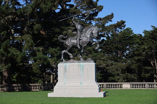 10-7-2023: San Francisco, California, USA: El Cid statue at the entrance to the Palace of Legion of Honor, San Francisco, California, USA