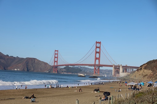 11-11-23: San Francisco, California, USA: Golden gate bridge from Presidio beach