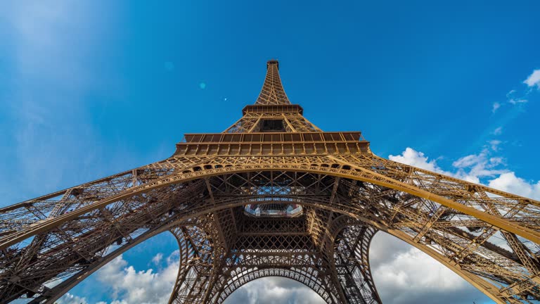 4K Footage Time lapse of Crowded people Tourist walking in public park at Champ de Mars cab see Eiffel tower in summer season in Paris, France, Europe, Tourism and Travel Destination Concept