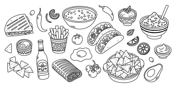 trendige mexikanische foodline-kunst schwarz-weiß. strichzeichnungsvektor handgezeichnete kritzelei karikatur set von mexikanischen essen themenartikel, objekte und symbole. vektor-illustration - mexikanische küche stock-grafiken, -clipart, -cartoons und -symbole
