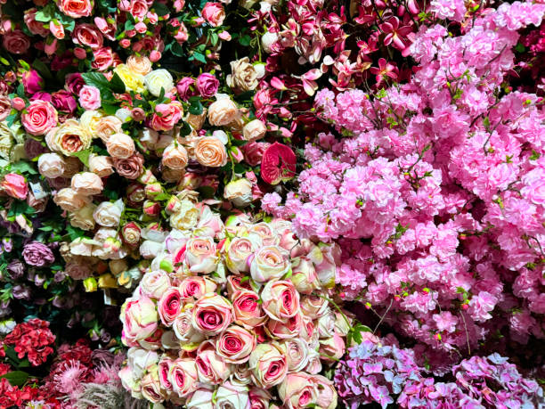 istock Full frame image of artificial, fabric and plastic pink, lilac, cream and white roses and cherry blossom bouquets, white and pink petals, romantic floral arrangement, focus on foreground 2077387267